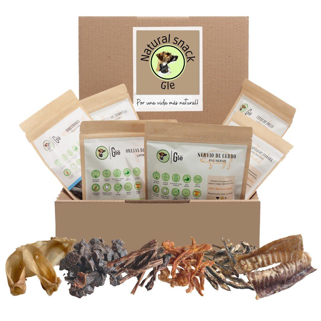 GLE PETS PACK DE SNACK NATURALES, PREMIOS PARA PERROS SALUDABLES, 6 BOLSAS VARIADAS, MORDEDORES NATURALES, CAJA MARR&Oacute;N, , large Imagen numero 1